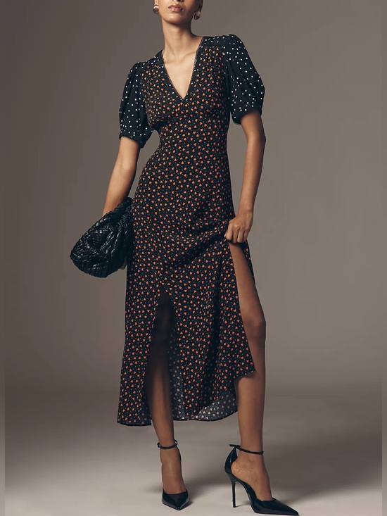 Maeve Dresses & Skirts - Anthropologie Maeve V-Neck A-Line Maxi Dress Black Polka Dot Hearts Puff Sleeves